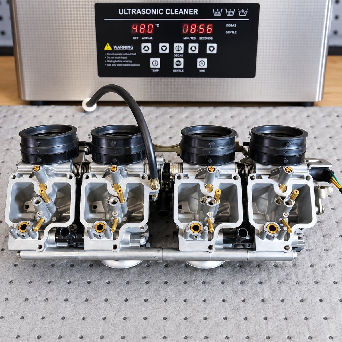 Bank of four carburettors on a bench in front of an ultrasonic cleaner