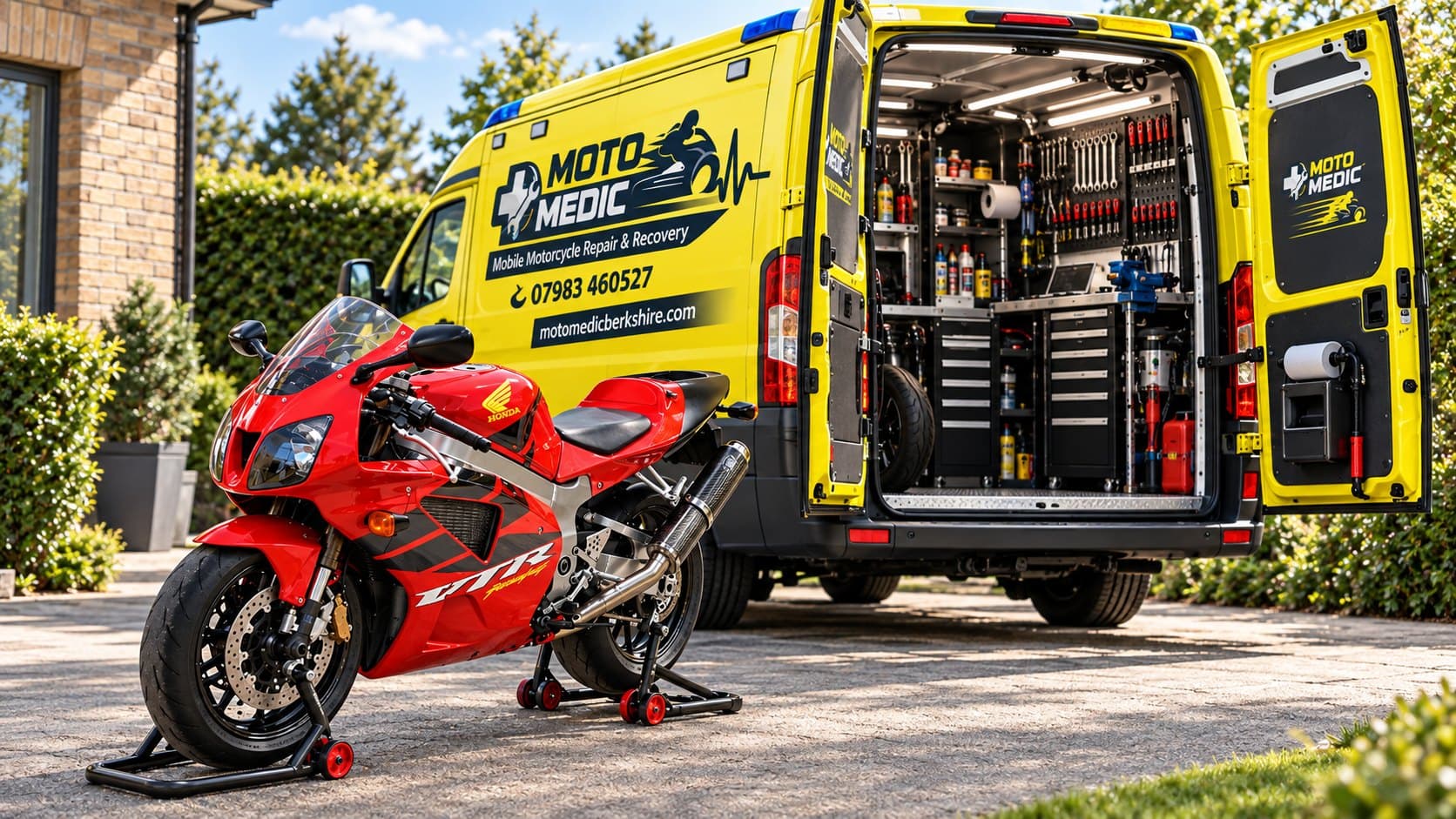 Red Honda VTR sports motorcycle on paddock stands beside the MotoMedic van, rear doors open to its fitted workshop