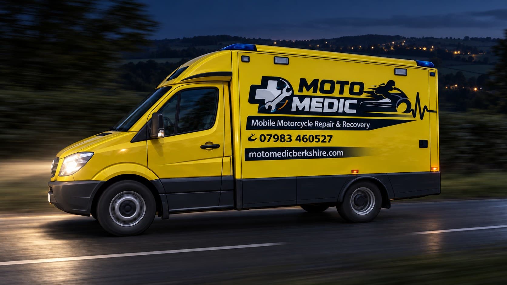 The yellow MotoMedic van driving along a country road at dusk