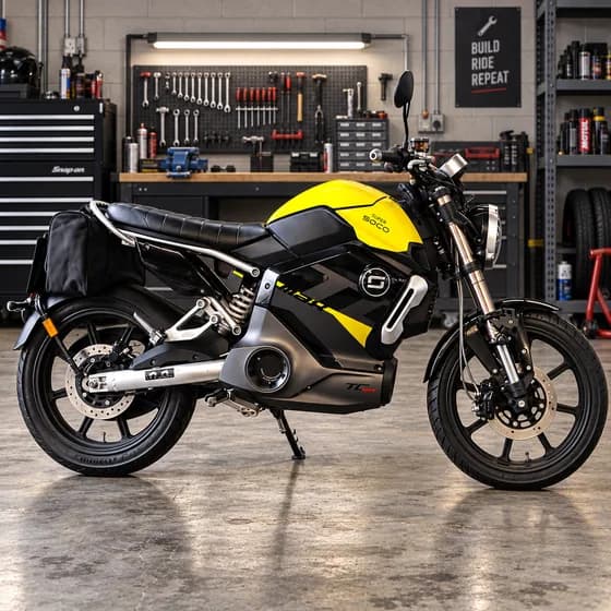Yellow and black Super Soco motorcycle on its side stand in a workshop