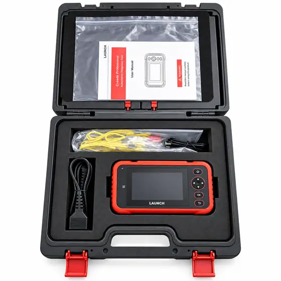 Diagnostic fault code scanner in its open carry case