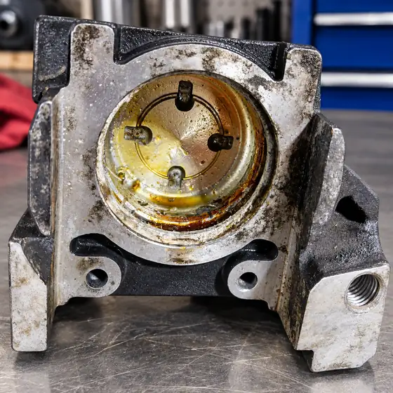 Stripped carburettor body showing old fuel residue inside