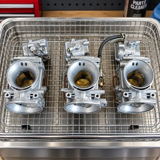 Three cleaned throttle bodies resting on a wire rack