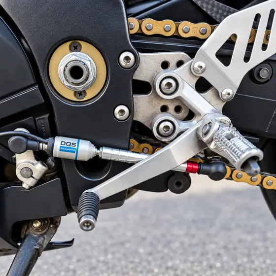 Rear-set footpeg, gear lever and chain on a sports bike